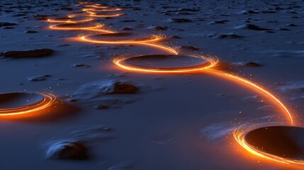 Glowing path of light across a dark textured surface in abstract design