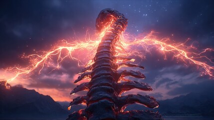 Abstract spine structure with glowing energy against a dramatic sky
