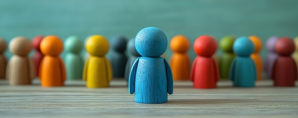 Naklejka premium Stand out from the crowd with this unique blue wooden figure, ideal for teamwork, leadership, and diversity concepts in business, education or social media