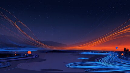 Abstract digital art landscape with flowing lights and vibrant colors