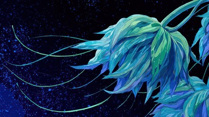 Artistic depiction of vibrant blue flowers against a dark textured background