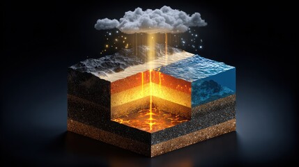Cross section earth illustration with cloud above and glowing core