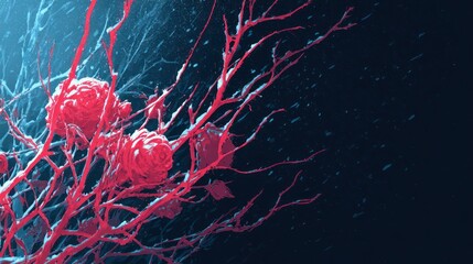 Abstract red vein like structures against a dark blue background