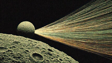 Planetary spheres with textured surfaces and glowing beams against space