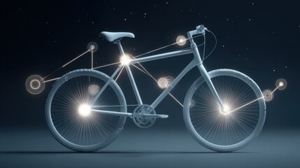 Futuristic bicycle illustration against a dark background with connected light