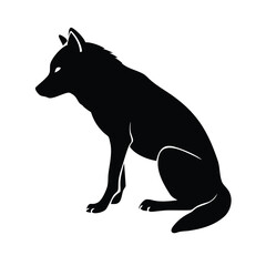 Silhouette of a black wolf sitting alertly with glowing eyes on a white background