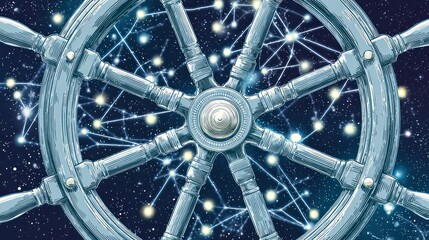 Steering wheel of technology concept amidst a starry network background