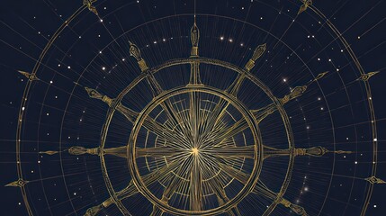 Intricate steampunk ship wheel against a dark sky with constellations
