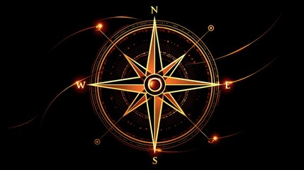 Glowing compass rose illustration on black background for direction concept