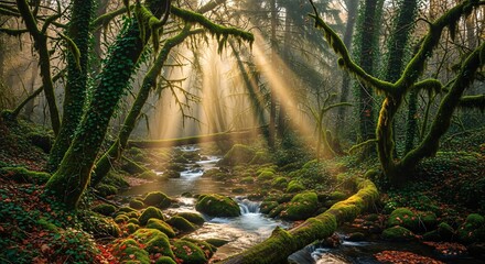 Enchanting Forest Stream Bathed in Ethereal Sunbeams, Moss-Covered Rocks and Ancient Trees