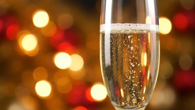 Glass of sparkling wine with bubbles against blurred festive lights background for celebration and holiday