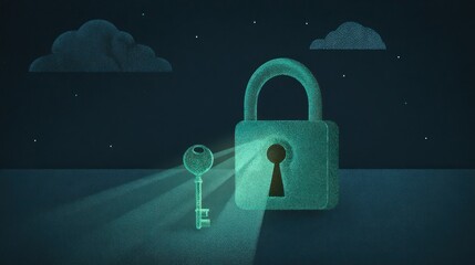 Padlock and key illustration against a dark sky background with light beams