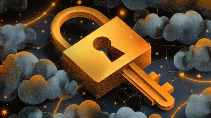 Digital padlock concept cybersecurity protection with golden key and clouds