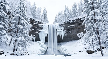 Majestic Winter Waterfall with Silky Water, Icy Cliffs, and Snow-Covered Pine Forest