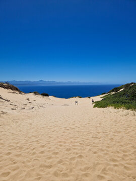 Pristine sand dunes and distant mountains, Robberg Nature Reserve, South Africa.