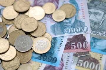 Hungarian Forint currency money bills and coins. Many HUF currency banknotes and coins close up
