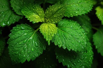 Fresh lemon balm plant leaves covered with water droplets glistens. Perfect for nature, wellness, and organic product related projects.