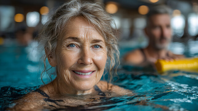 smiling senior woman doing aqua fitness with swim noodles happy mature healthy woman taking fitness classes in aqua aerobics healthy old woman holding swim noodles doing aqua gym with young trainer n