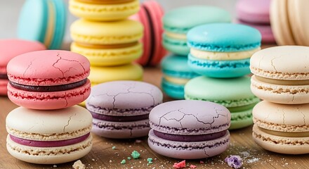 Obraz premium Colorful macarons arranged on a table top display for culinary delight
