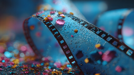 close-up of the screen texture of an old VHS video tape file, with a blue color dot background and a grainy film effect. Photo overlay via blend mode or half dot print layer.