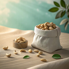 Nutritious pistachios piled in a decorative bag and small bowl ready for snacking illustration
