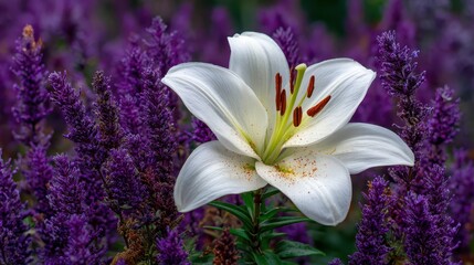 White lily flower stands out against a background of vibrant purple salvia. Use this image for floral designs, springtime cards or nature blog posts.