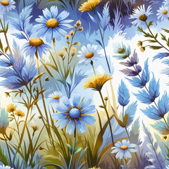 Serene Watercolor Meadow &ndash; Blue & Yellow Wildflowers Pattern