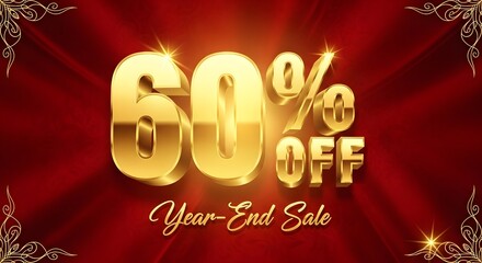 Luxurious Red Year-End Sale Banner with Golden 60% Off Text and Ornate Details