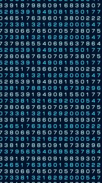 Digital random number sequences from 0 to 9 run across the screen, data or machine code. Technology, electronic data processing, big data, system, computer data, analyzing. Vertical format, 3D animati