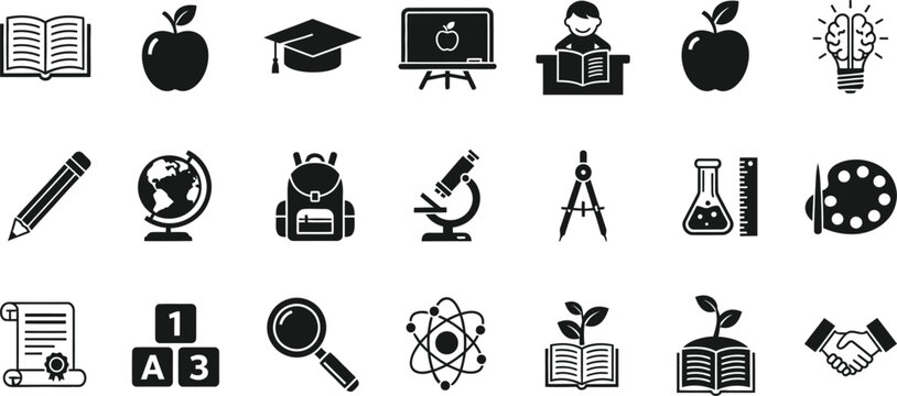 Collection of black education and learning icons representing knowledge and academic achievement isolated on transparent background - Powered by Adobe