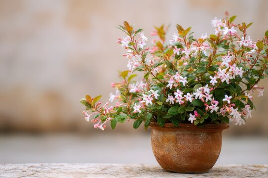 A pot of pink and white abelia flowers blooms. Use as a design element for nature themes.