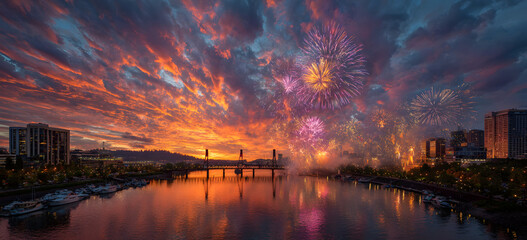 Flashing fireworks on a dramatic sunset sky with Portland, OR cityscape with Willamette river and Hawthorne bridge