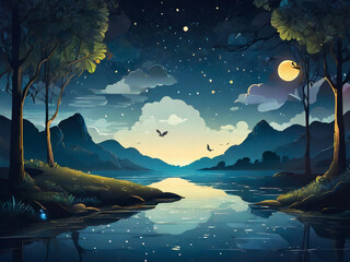 night illustration landscape with mountains and lake