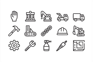 Construction and engineering icon set in black and white line art style