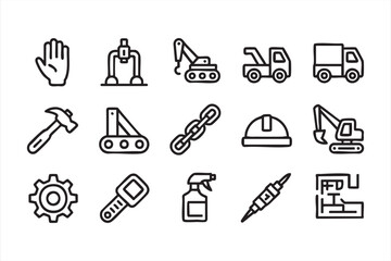 Vector outline icons of tools, machinery, and building equipment