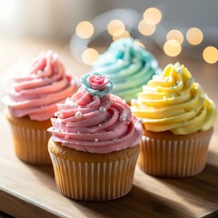 Four cupcakes adorned with pastelcolored frosting and delicate sugar pearls, arranged on a wooden surface with soft bokeh lights in the background