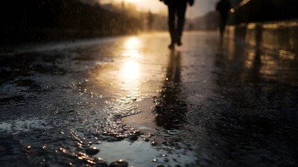 Silhouettes of people walking on a wet street in golden hour light with rain creating puddles and reflections