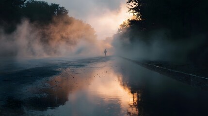 Lone silhouette walks on a misty wet road at sunrise with steam and reflections