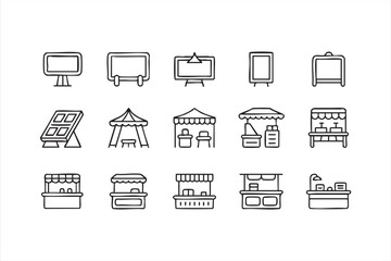 Market stall and booth icon set in black and white line art style