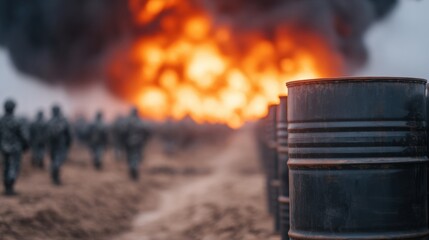 Obraz premium Military troops maneuvering near crude oil barrels reflecting fire battlefield action scene war zone dynamic viewpoint