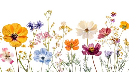 Fototapeta premium Colorful wildflowers on white background floral display botanical beauty spring blooms garden flowers photography