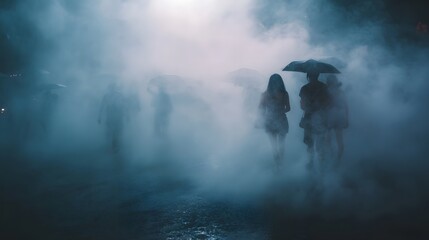 People with umbrellas walking through dense fog on a wet street at night or dawn creating a mysterious and atmospheric scene