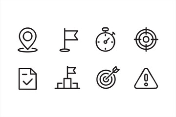 Goal and achievement icon set in minimalist black and white line art style