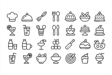 Cooking and dining vector icons representing meals and celebration themes