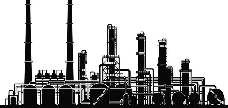 Industrial refinery silhouette vector showing distillation columns, tanks, chimneys, piping systems, chemical plant, engineering, infrastructure, emissions