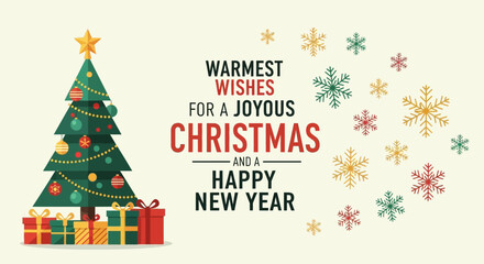 Fototapeta premium A festive greeting card with a decorated Christmas tree, presents, and warm wishes for a joyous Christmas and a Happy New Year.