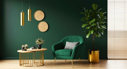 Elegant Green Interior with Gold Accents interior design living room armchair furniture modern plant fiddle-leaf fig decoration