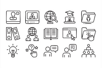 Online education and e-learning icon set in minimalist black and white line art