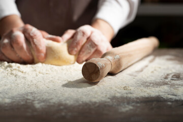 Baking concept. Caucasian female hands kneading the dough.