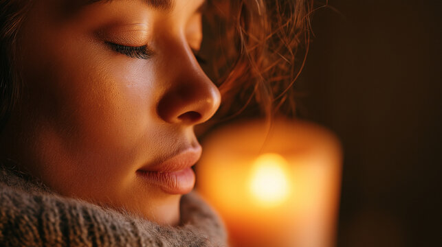 shoulder portrait of woman inhaling aroma candle scent, cozy warm tone, relaxation mood